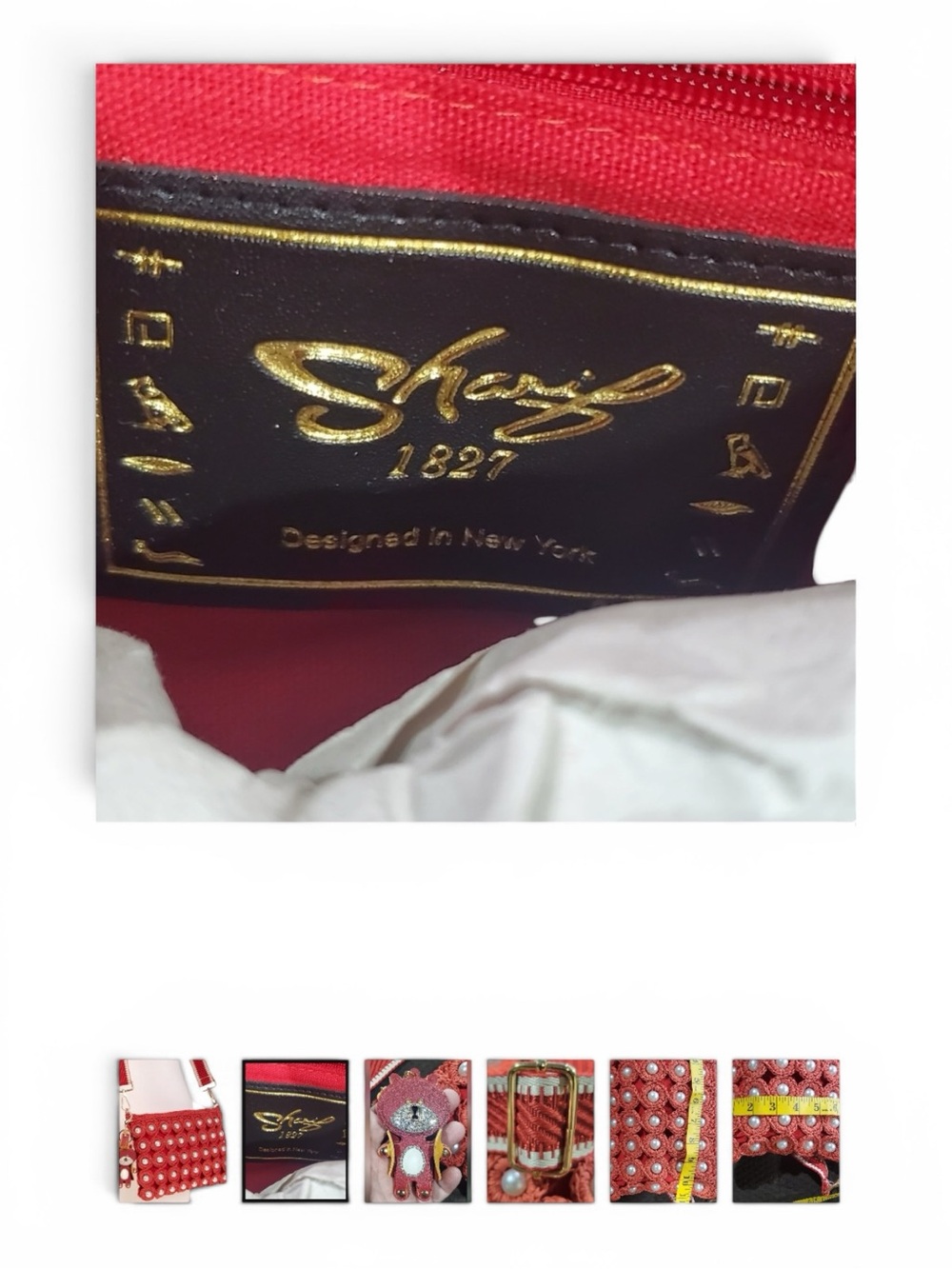 Sharif Red Crochet Pearl Shoulder Bag with Charm Accent - Picture 2 of 11